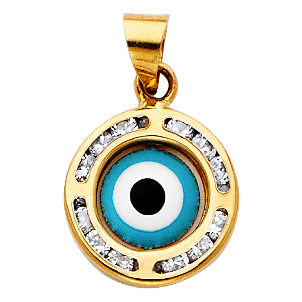 GemApexEvil Eye Charm Solid 14k Yellow Gold Nazar Pendant CZ Good Luck Greek Turkish Round Medallion 11 x 11 mm