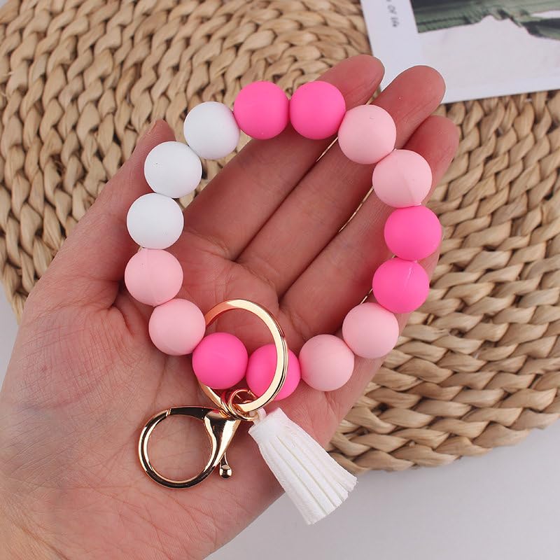 Image of Silicone Beaded Bracelet Keychain Wristlet Cute Car Key Chain Holder Wallet Bag Charm Accessory