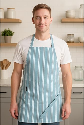 Miniatura 5 de AMOUR INFINI Delantales de algodón a rayas para mujer con bolsillos, correa ajustable y lazos en la cintura, delantal impreso para hornear, cocinar,