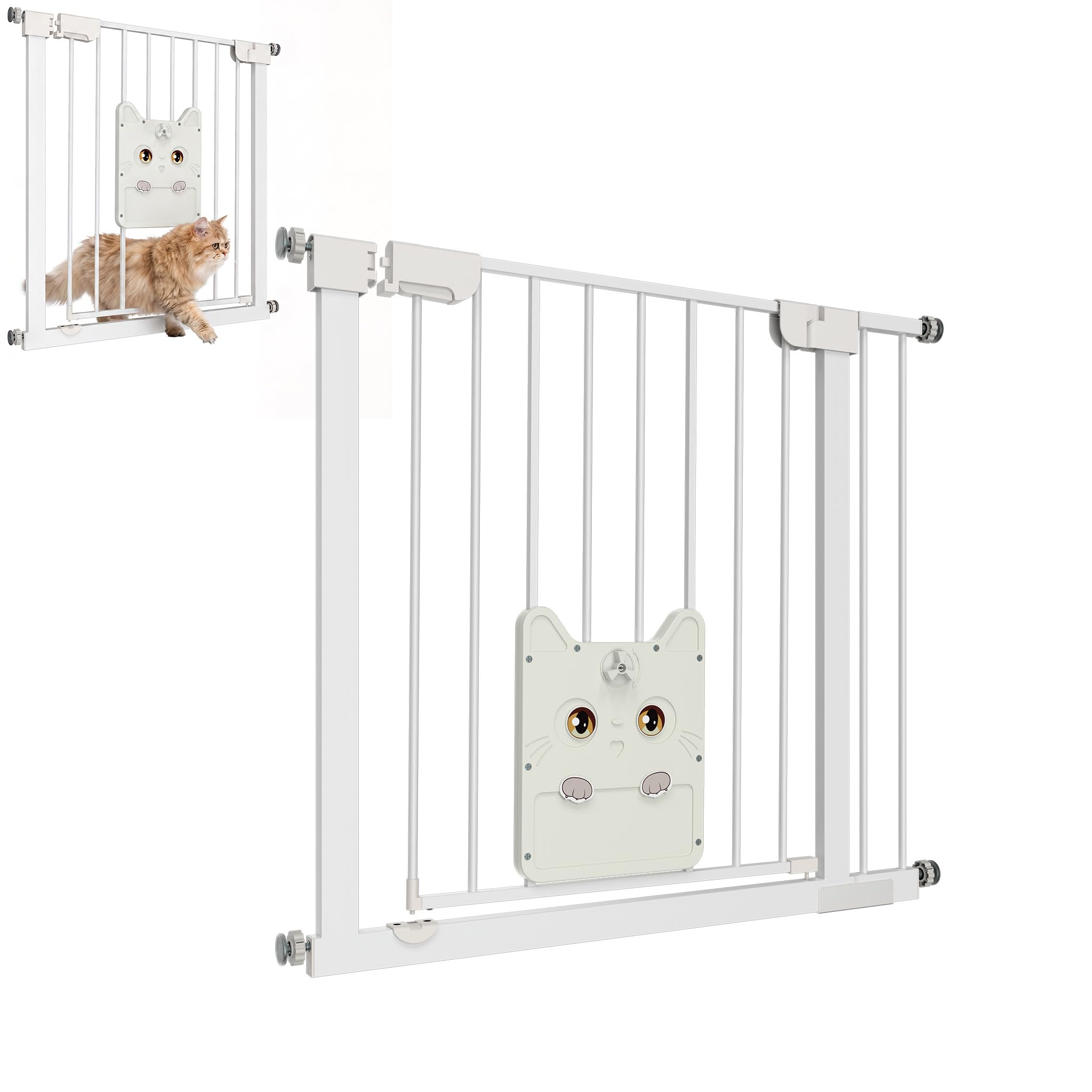 XMTECH Rejilla de protección para puerta con puerta para gatos, sin agujeros, color blanco, 85-95 cm | Cierre automático con parada de 90°, giro de 180°, doble cierre de seguridad, puerta de gato con bloqueo, metal grueso