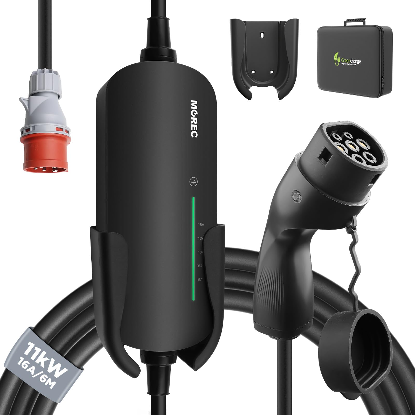 Morec Cable de Carga Tipo 2 16A 11KW 380V, Cargador EV y Estación de Carga Móvil con Enchufe CEE Trifásico, Caja de Pared Móvil EVSE Portátil de 6M para Vehículos Eléctricos con Estuche de Transporte