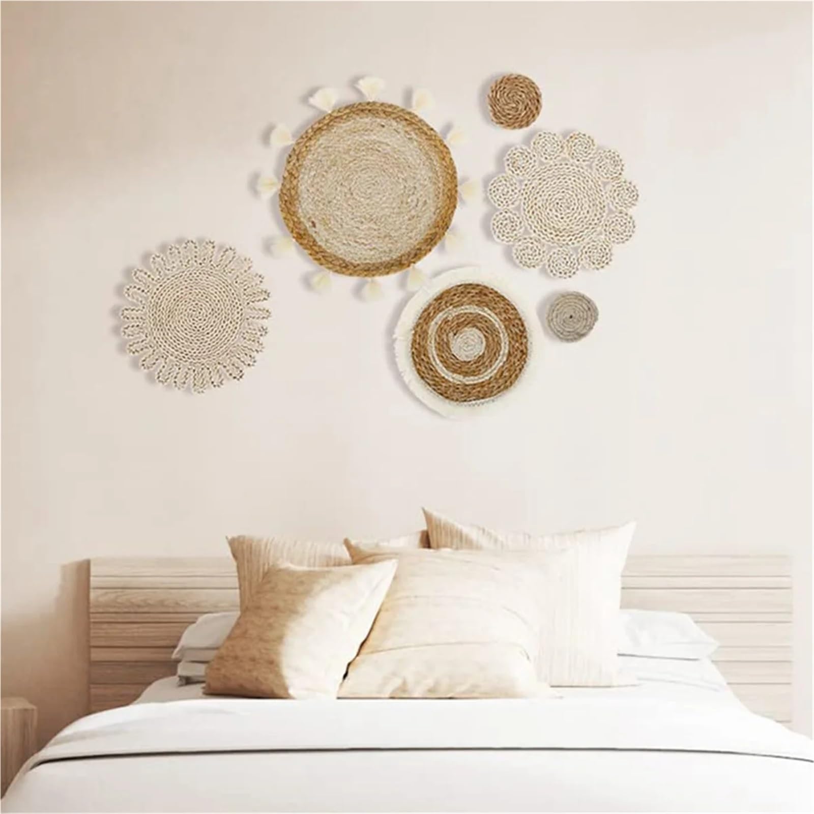 Cesta de pared de ratán Juego De Decoración Cestas For Pared, Planas Mimbre Tejidas, Colgante, Flores Hechas A Mano Con Borlas, 6 Uds