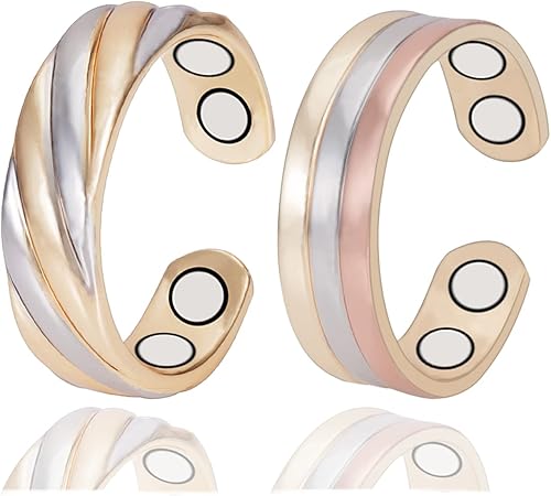 Anillos de cobre puro para mujer, 2 piezas de anillo de oro tricolor magnético ajustable, joyería de cobre (0949 0950)