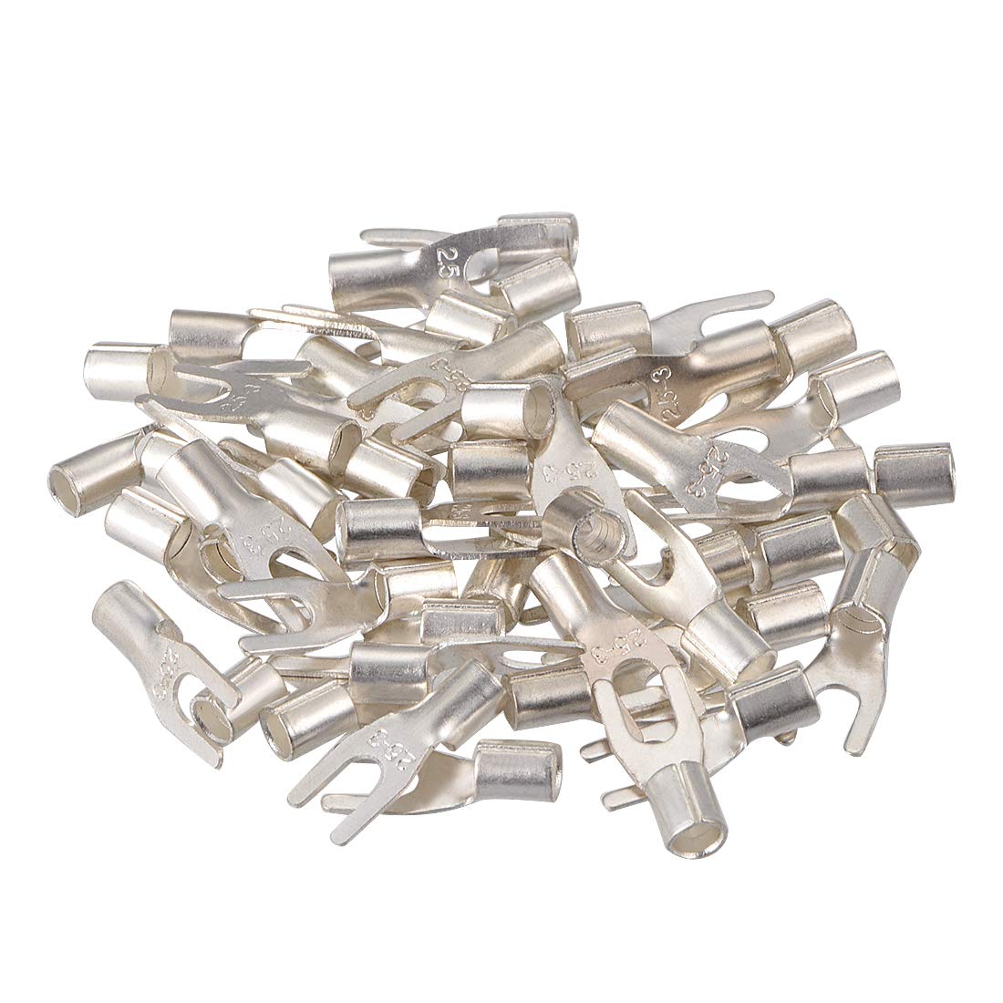 sourcingmap 50Pcs UT2.5-3 Non-Insulated U-Type Brass Crimp Terminals 2-2.5mm2 Wire Connector Silver Tone