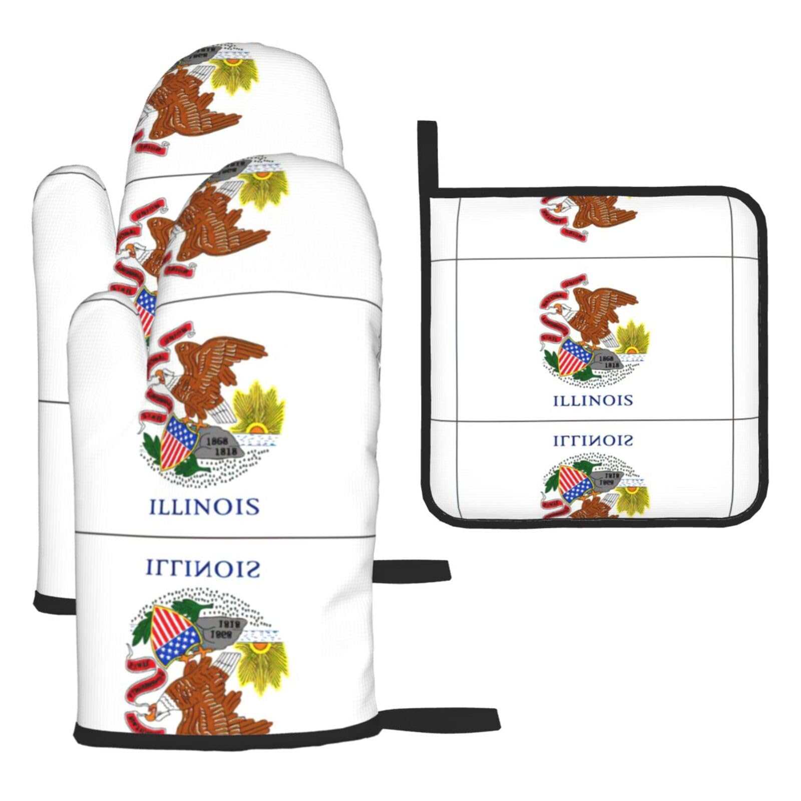 Illinois State Flag Oven Mitts And Pot Holders Sets Of 3 Oven Glove Kitchen Decor For Baking Cooking Bbq
