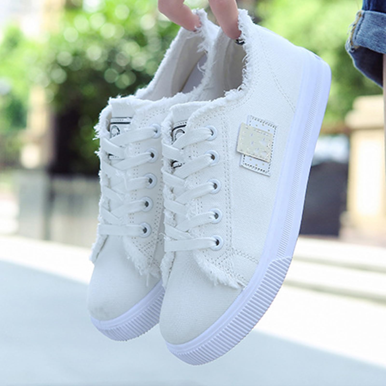 Amazon.com | LUCKYTOWO Women's Canvas Shoes Fringed Hem Denim