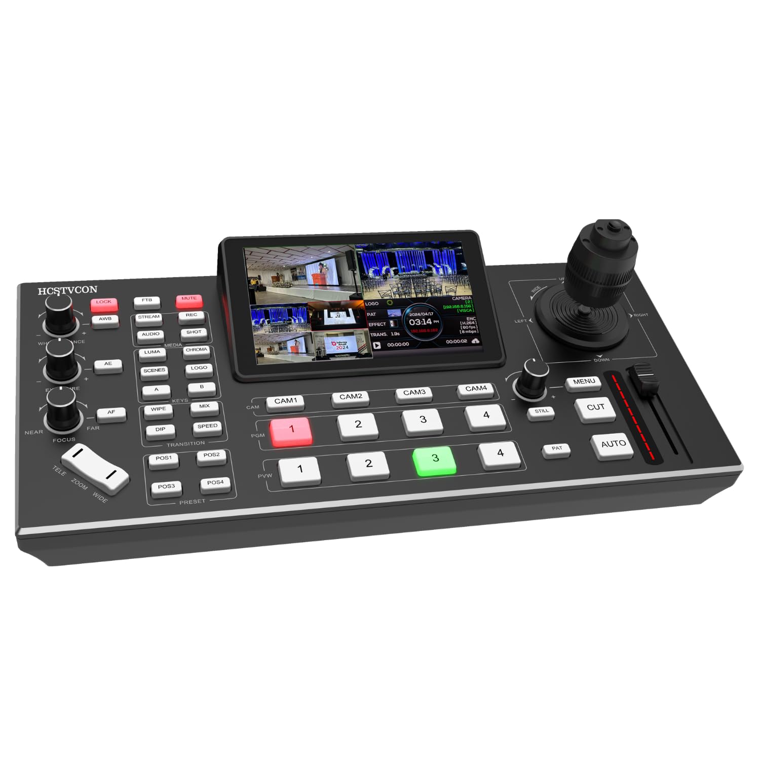 Video Mixer Switcher, 4-Channel HDMI Live Streaming Switcher, 4D Joystick PTZ Controller 1080p 60FPS Type C Video Output