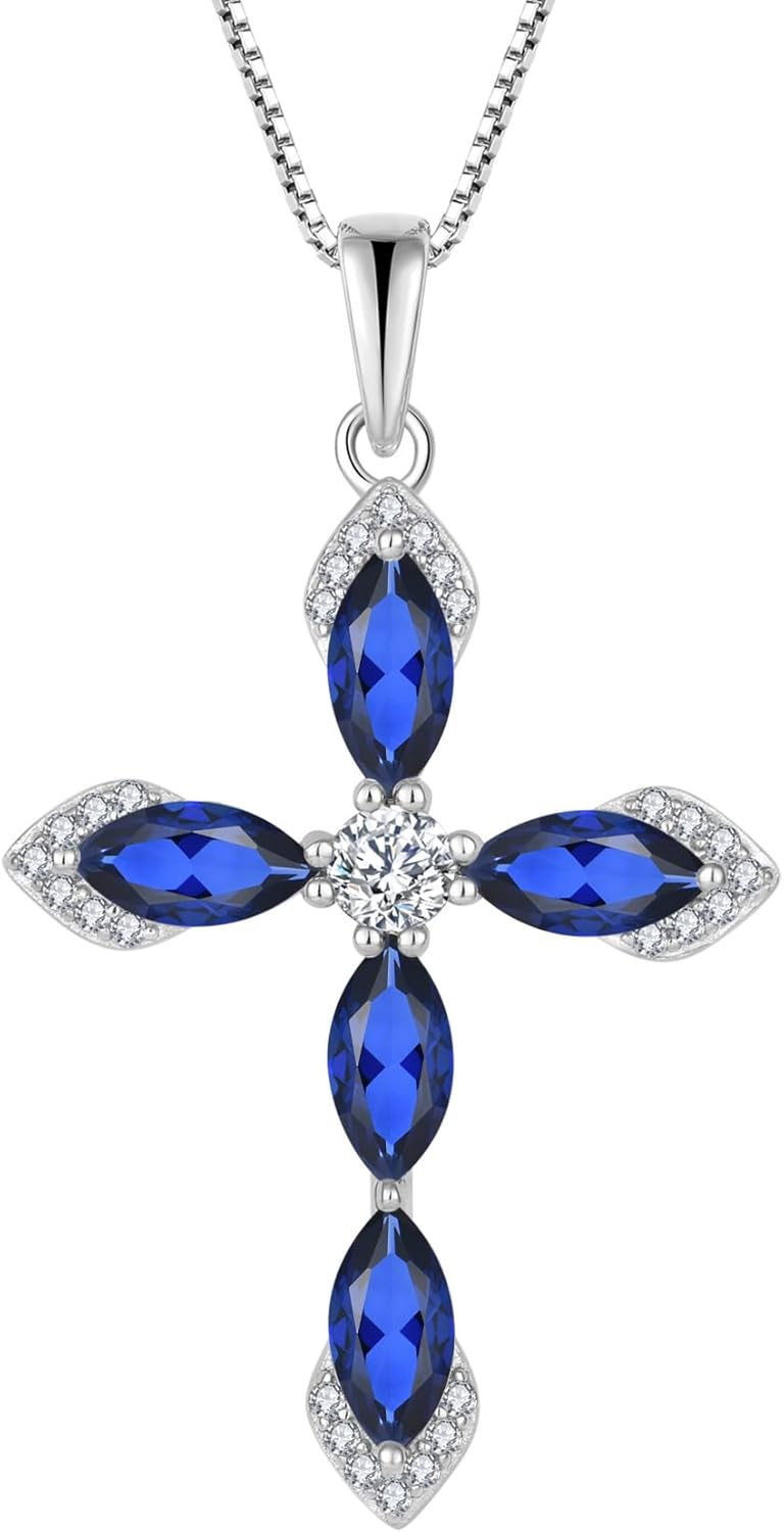 Inpasne Women Cross Necklace 925 Sterling Silver Halo Gemstone Necklace Crucifix Religious Pendant Birthstone Jewelry Gifts for Her