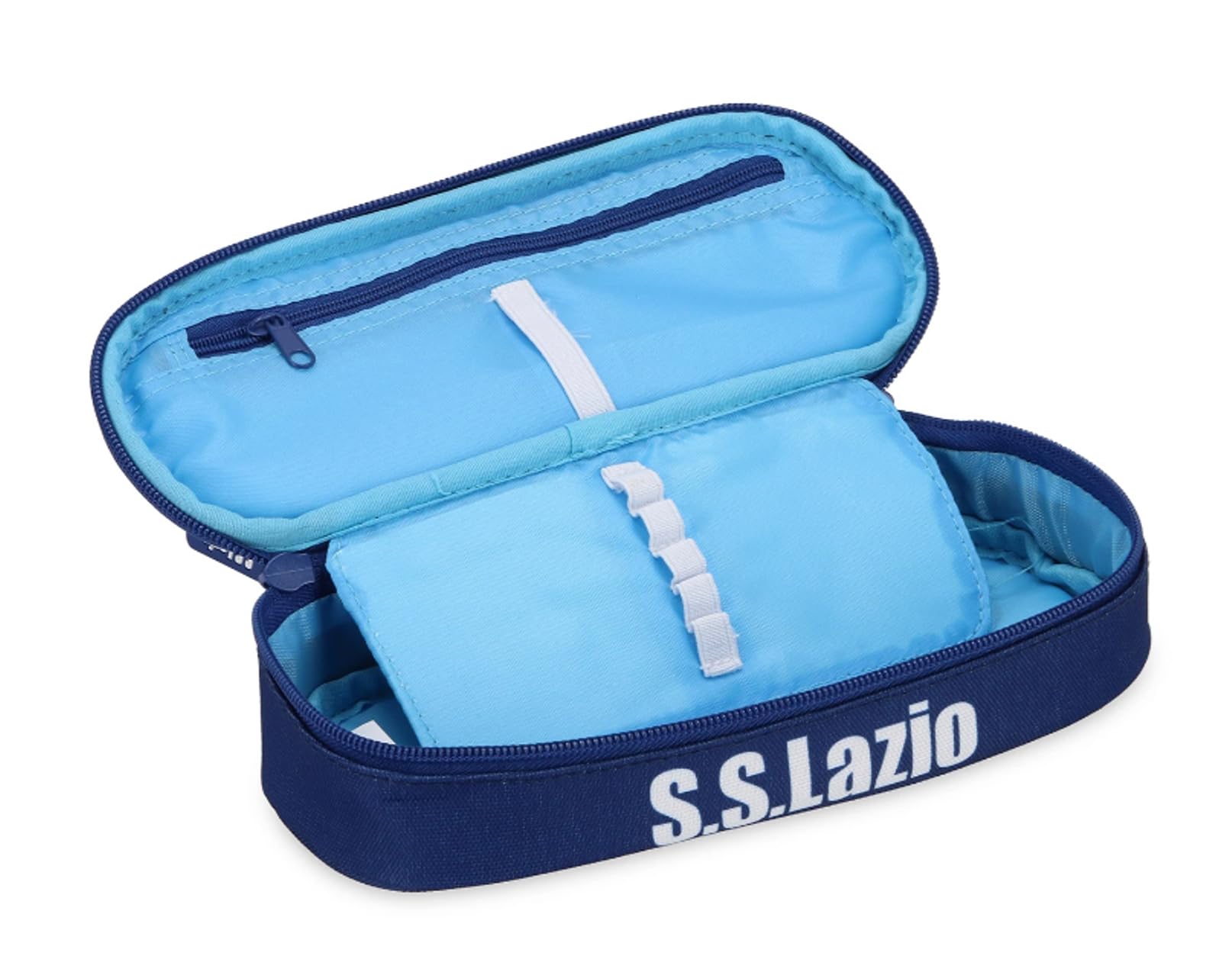 PRESTIGE & DELUXE Astuccio scuola Lazio Biancoazzurri - 3 piani chiusura zip - completo di cancelleria + Astuccio ovale zip + omaggio portachiave