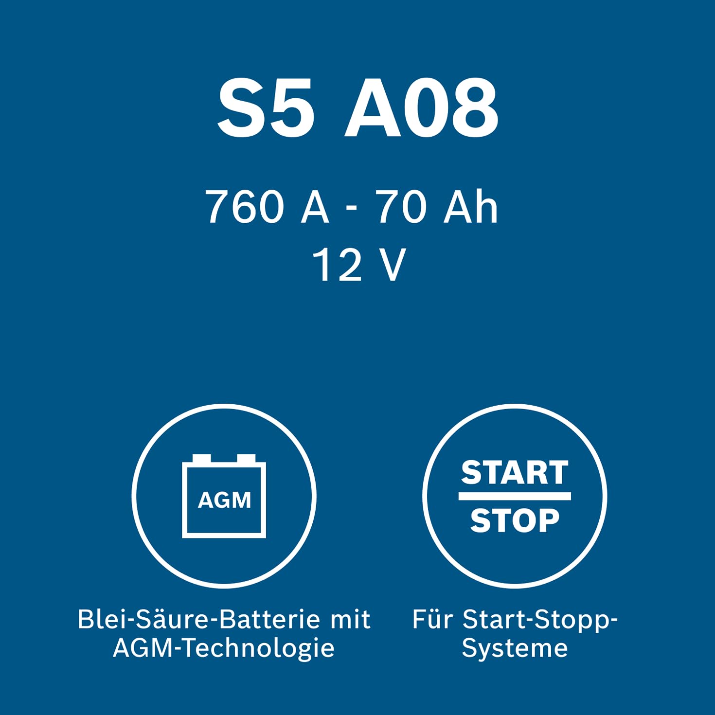 Bosch S5 A08 Autobatterie 70 Ah - 760 A - 12 V, AGM Blei-Säure-Batterie für Fahrzeuge mit Start-Stopp-Automatik und Bremsenergierückgewinnung - Polarität: links - rechts +, 278 x 175 x 190 mm