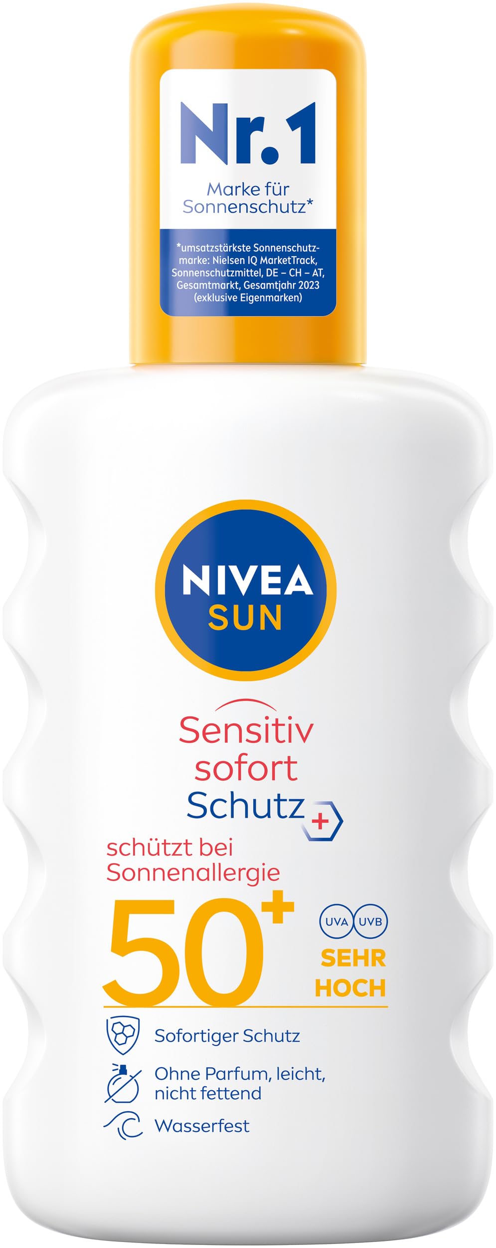 Nivea Sun Sensitiv - Spray de protección solar (protección instantánea, protección solar UPF 50+ (200 ml), spray solar nutritivo para pieles sensibles, leche solar como un práctico spray