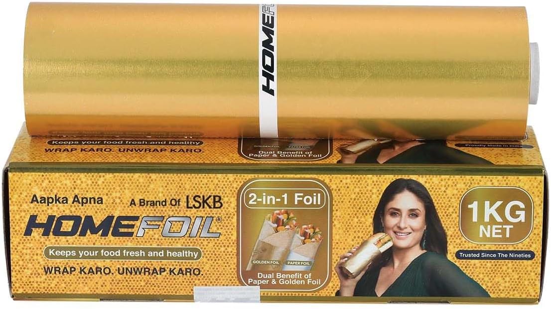 HOMEFOIL 2-in-1 Paper & Golden Converted Aluminium Foil (1 KG Net) for Food Packing | Keeps Food Fresh | Ideal for Food Wrapping, Packing, Storing and Serving | 62.13 Meter Net Guaranteed Length