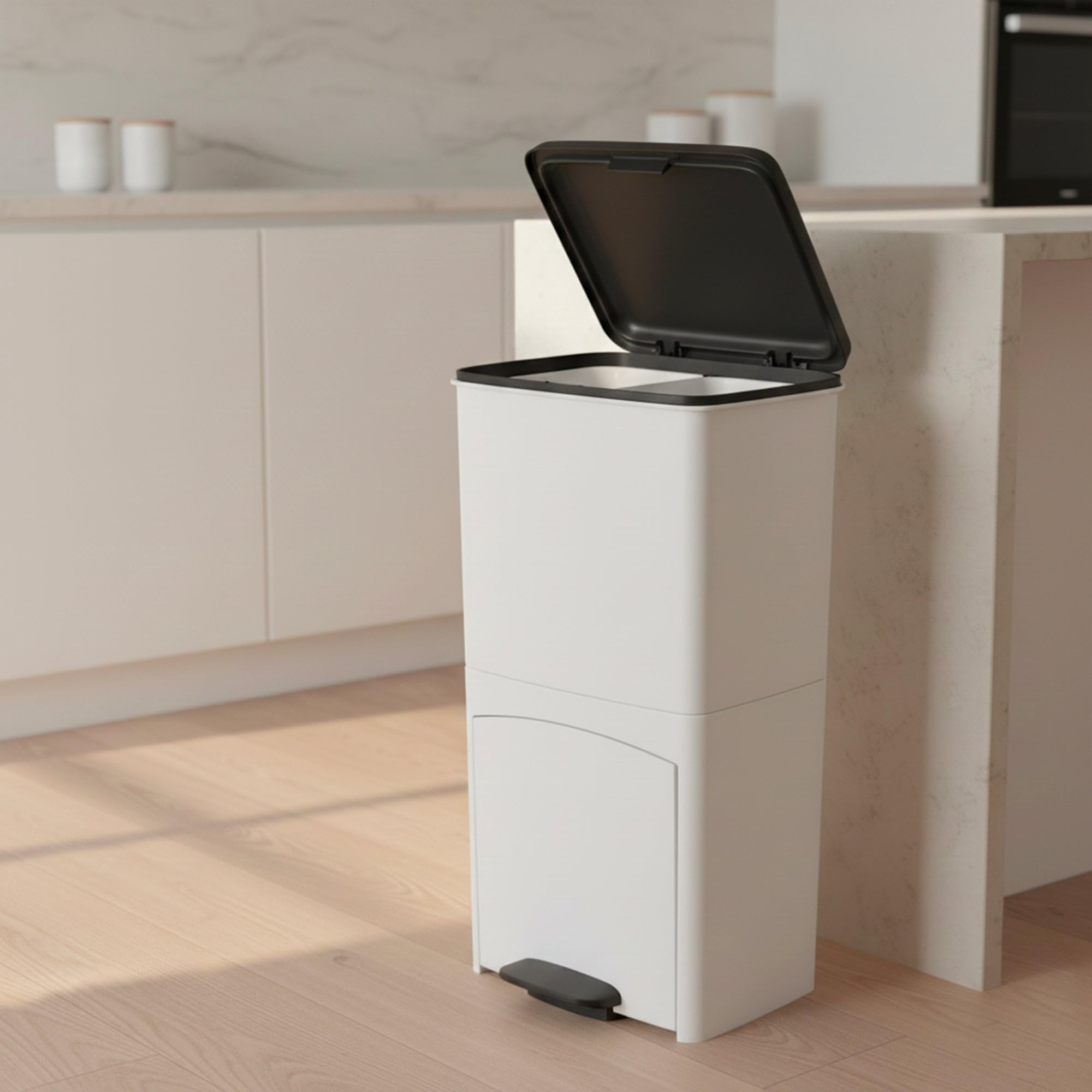 KITCHEN MOVE Poubelle de cuisine tri sélectif verticale 70 litres Blanc double compartiment
