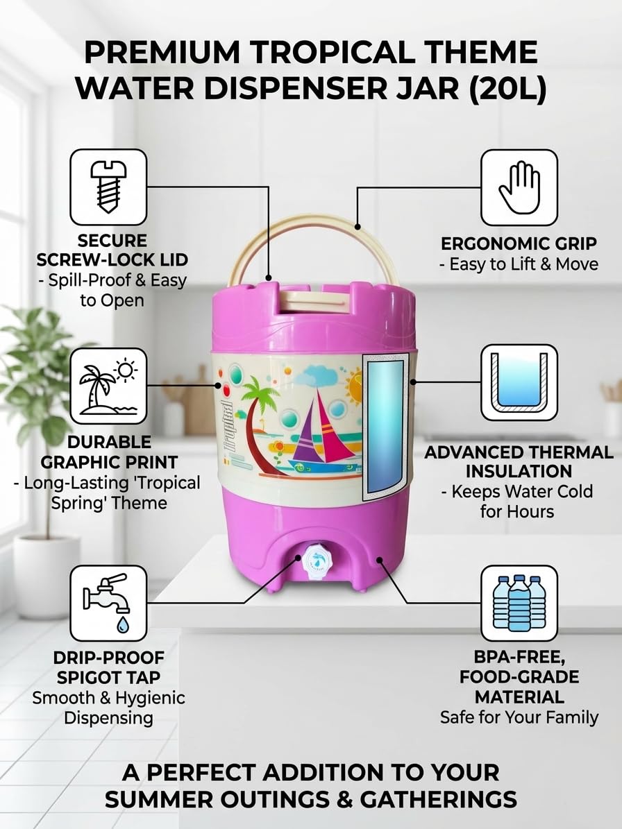 Insulated Water Dispenser for Kids & Home Use (Pink) | Hot & Cold Beverage Container with Tap | Portable Water Storage Jug (20 Litre Camper) 1