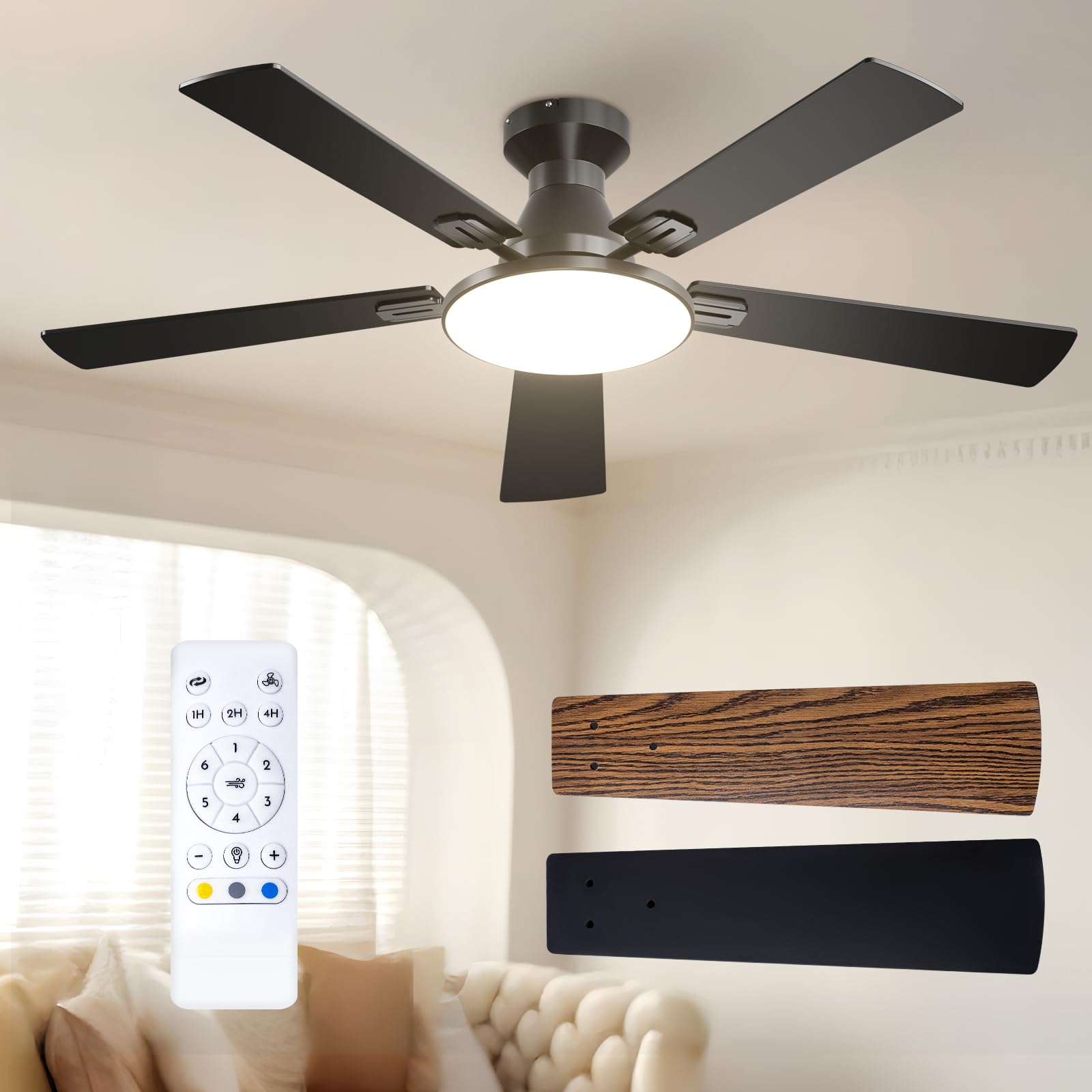 Passky Ventilador de Techo con Luz Silencioso 132cm | Mando a Distancia | Motor DC | 3 Luces Regulables | Modo Verano-Invierno | 6 Velocidades | Temporizador | Interior/Exterior | Negro