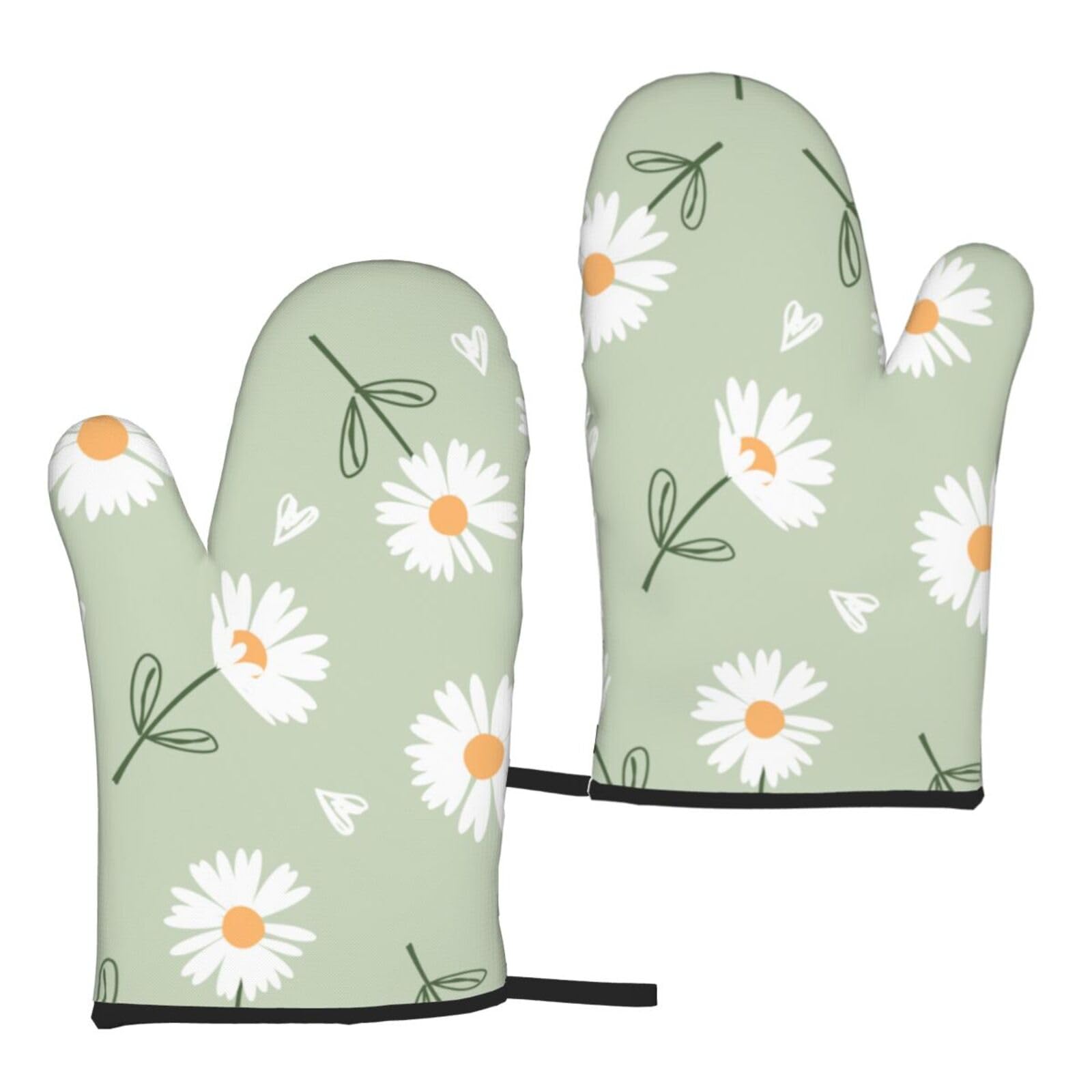 Oven Mitts Set of 2,Sage Green Daisy Heat Resistant Kitchen Oven Gloves for Cooking Grilling Baking BBQ
