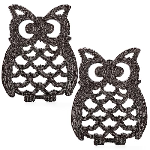Hedume 2 Pcs Cast Iron Owl Trivets Heavy Duty Cast Iron Trivet with Rubber Pegs Decorative Trivet for Kitchen Counter or Dining Table Insulation Pad Anti Scald Pad Heat Resistant Pad Rust Brown