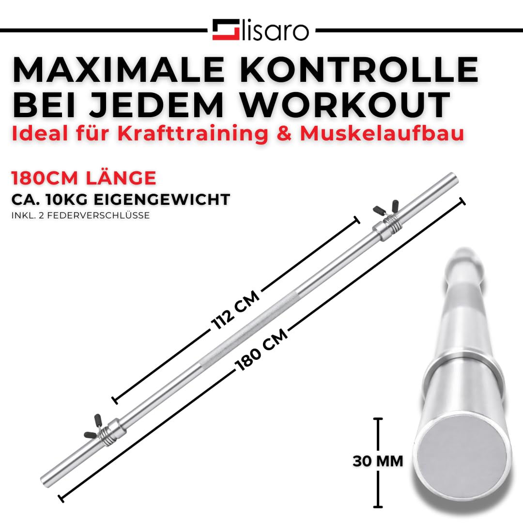 Lisaro® Sztanga długa z zamknięciami sprężynowymi – Ø 30 mm, długość 120/160/180 cm, stal chromowana, obciążenie do 200 kg – sztanga długa, sztanga do treningu siłowego i Home Gym 180 cm