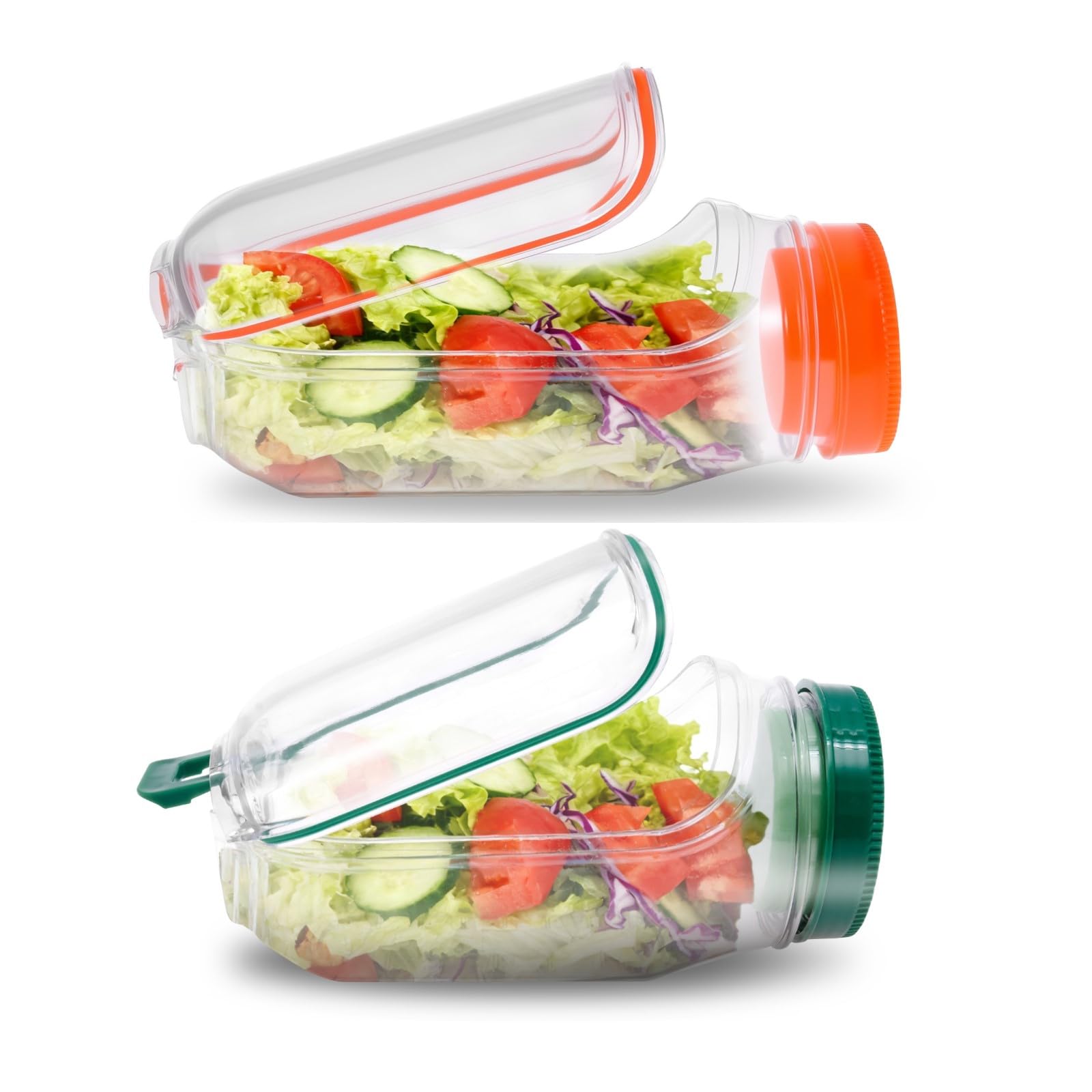 Kuanght Green+Orange Salad Pod Jar 700 Ml, Vertical Layering Salad Pod With Dressing Case And Detachable Lid, Side Opening Jar For Lunch, Leakproof Fruit Storage Jars For Office School Picnic And Travel (Green+Orange)