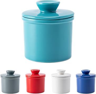 Butter Crock with Lid for Countertop, Butter Dish, Butter Keeper Container | Butter Holder with Water Line, Keep Butter Soft & Spreadable, Ceramic Material, French, Kitchen and Home Decor, Turquoise