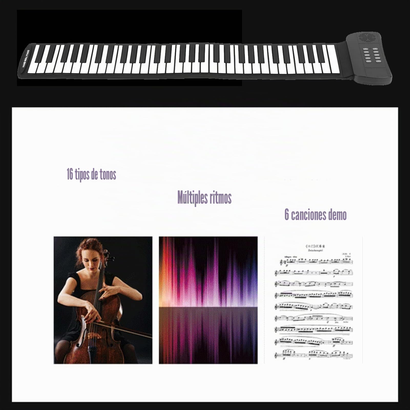Estink Piano Enrollable de 61 Teclas, Piano Enrollable Manual Recargable Portátil con Pantalla LED, Salida Midi, 16 Voces, Grabación, Acorde, Sostenido, Trémolo, con Conector para Auriculares(PM61)
