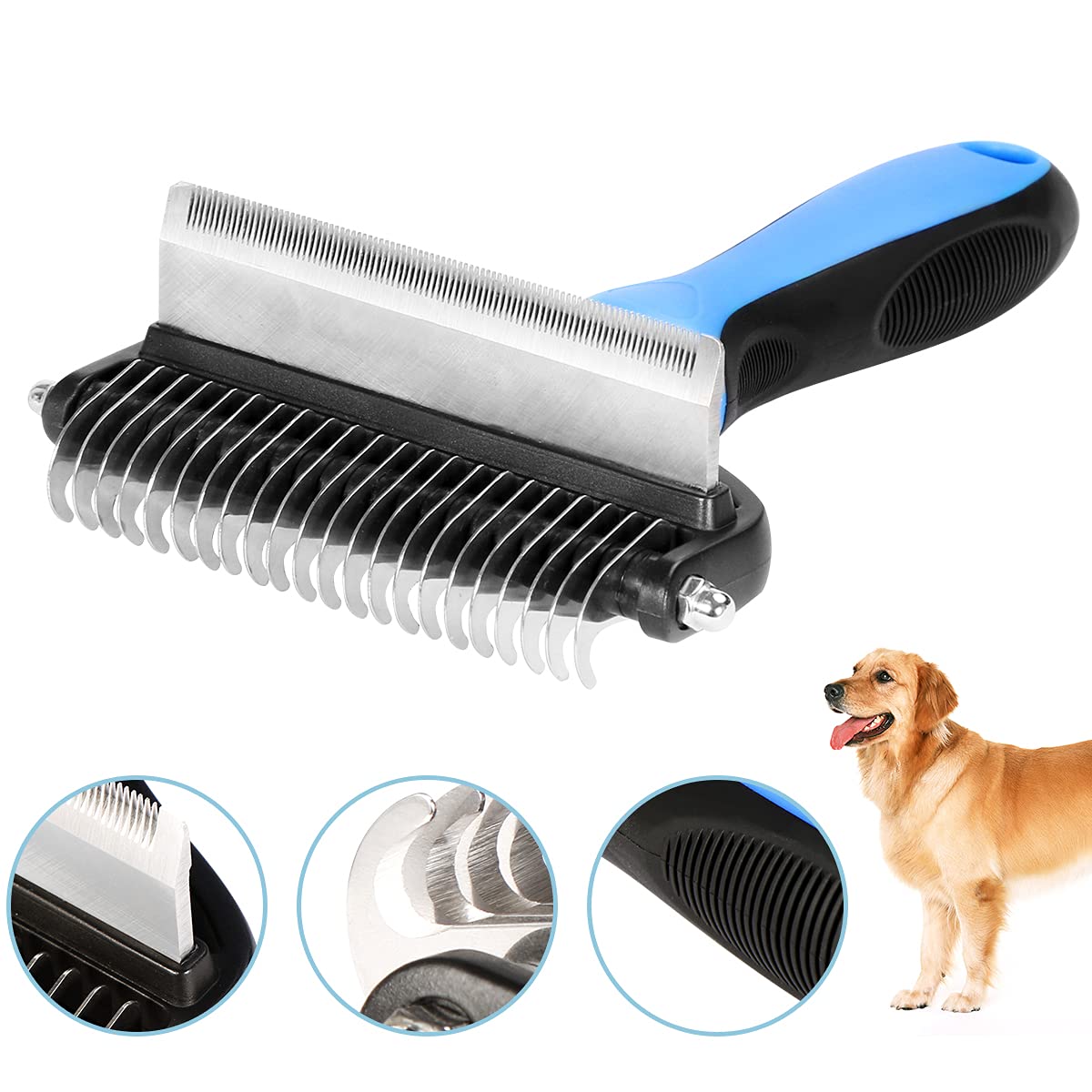 Electomania Pet Grooming Brush, Dog Hair Brush, Deshedding Tool Dog, 2 in 1 Deshedding Tool & Dematting Undercoat Rake for Mats & Tangles Removing, Great for Short to Long Hair Small Large Breeds (Large, Bule)