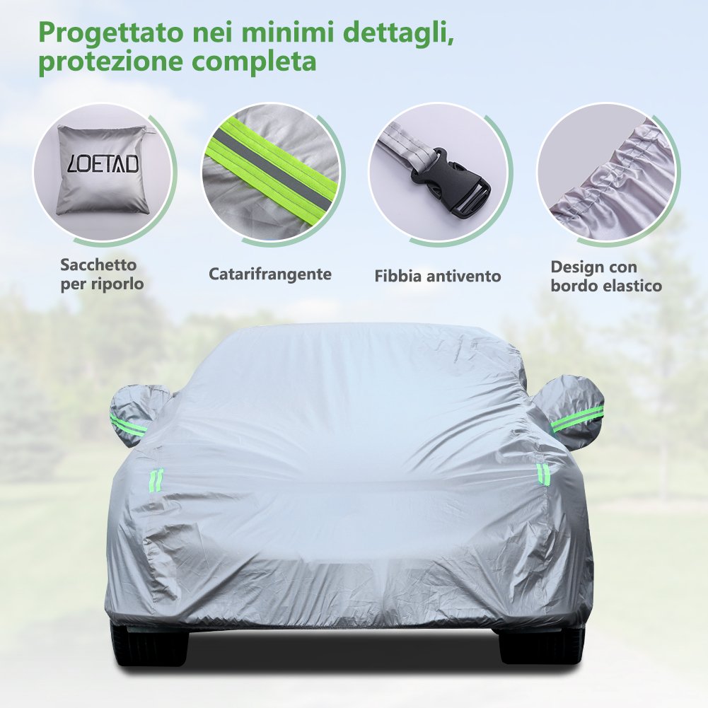 Telo Copriauto Impermeabile Antipolvere Anti UV Anti Vento 470 x 180 x 150 cm Universale Argento