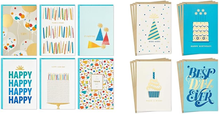 Hallmark Birthday Cards Assortment, 36 Cards with Envelopes (Party Time) & Birthday Cards Assortment, 16 Cards with Envelopes (Cake, Candles, Balloons)