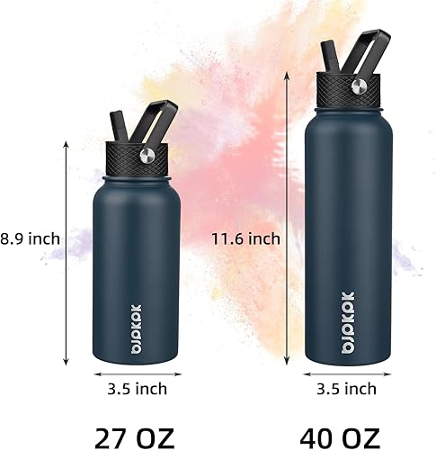 Miniatura 4 de BJPKPK - Botellas de agua aisladas con tapa de popote, botellas de agua de acero inoxidable de 40 onzas con 3 tapas, termo a prueba de fugas libre