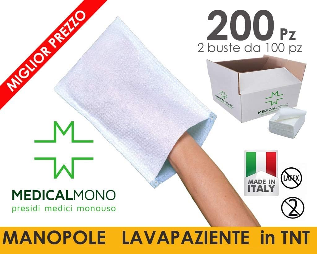 MEDICALMONO SRL 200 Manopole TNT lavapaziente in cellulosa a Due Strati per l'igiene della Persona - cm 16x22 cm (200)