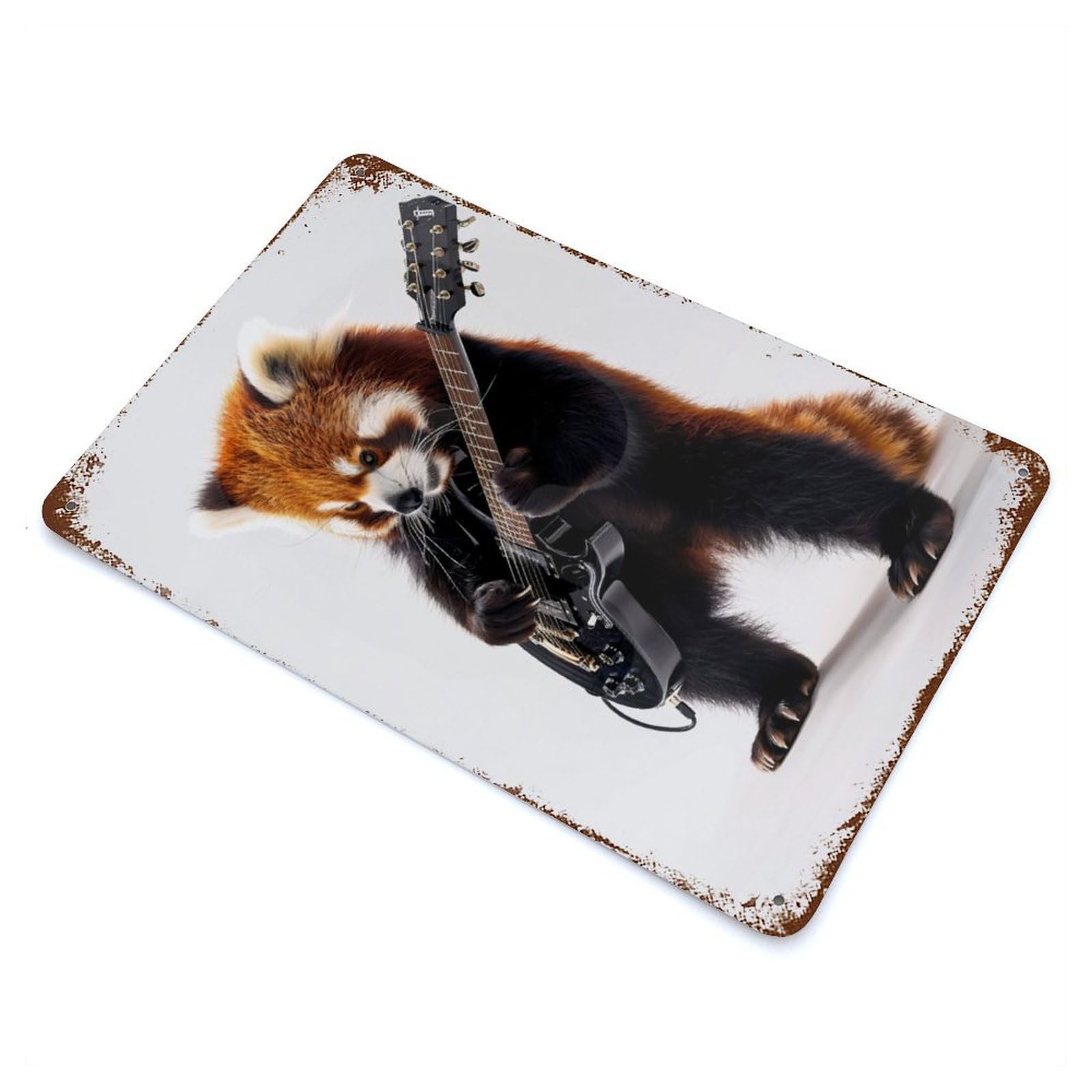 Red Panda Guitar Vintage Wall Sign 11.8"x7.9", Rust Effect Metal Decor for Living Room, Hallway And Home Decor