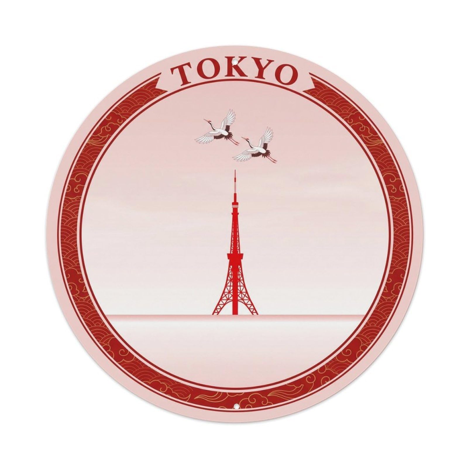 Olyhtr 8X8inch Classic Style Tokyo Tower Dawn Crane City Travel Japan Blush Red Metal Tin Sign