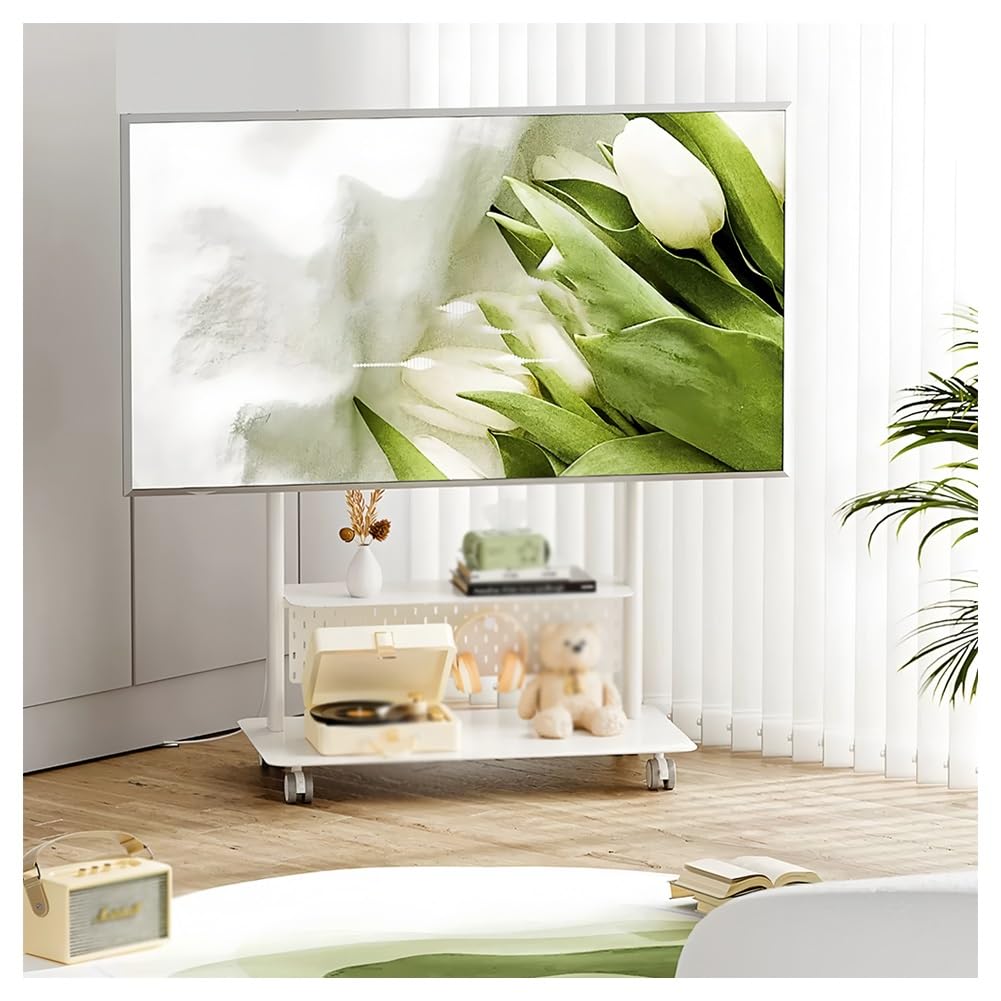 JKJZSALJ Mobile Tv Stand With Wheels, Rolling Tv Cart With 2-Tier Storage Shelves,Height Adjustable Portable Tv Stand For 50-75 Inch Tvs, For Living Room, Bedroom,White,82x47x129.3 cm