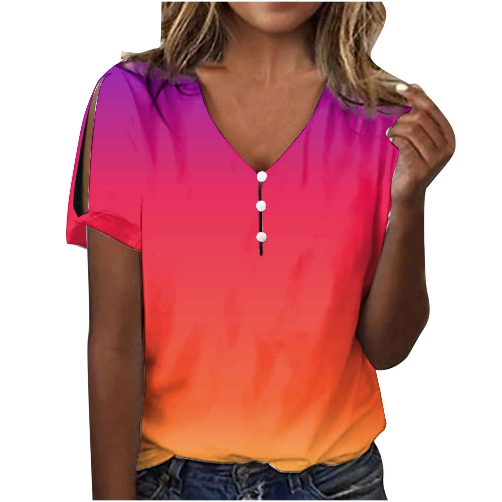 Spring Crop Cool Swim Short Sleeve Tops for Women Sexy Baggy Patchwork Gradient Colo T-Shirts V-Neck Thin T Shirts Woman