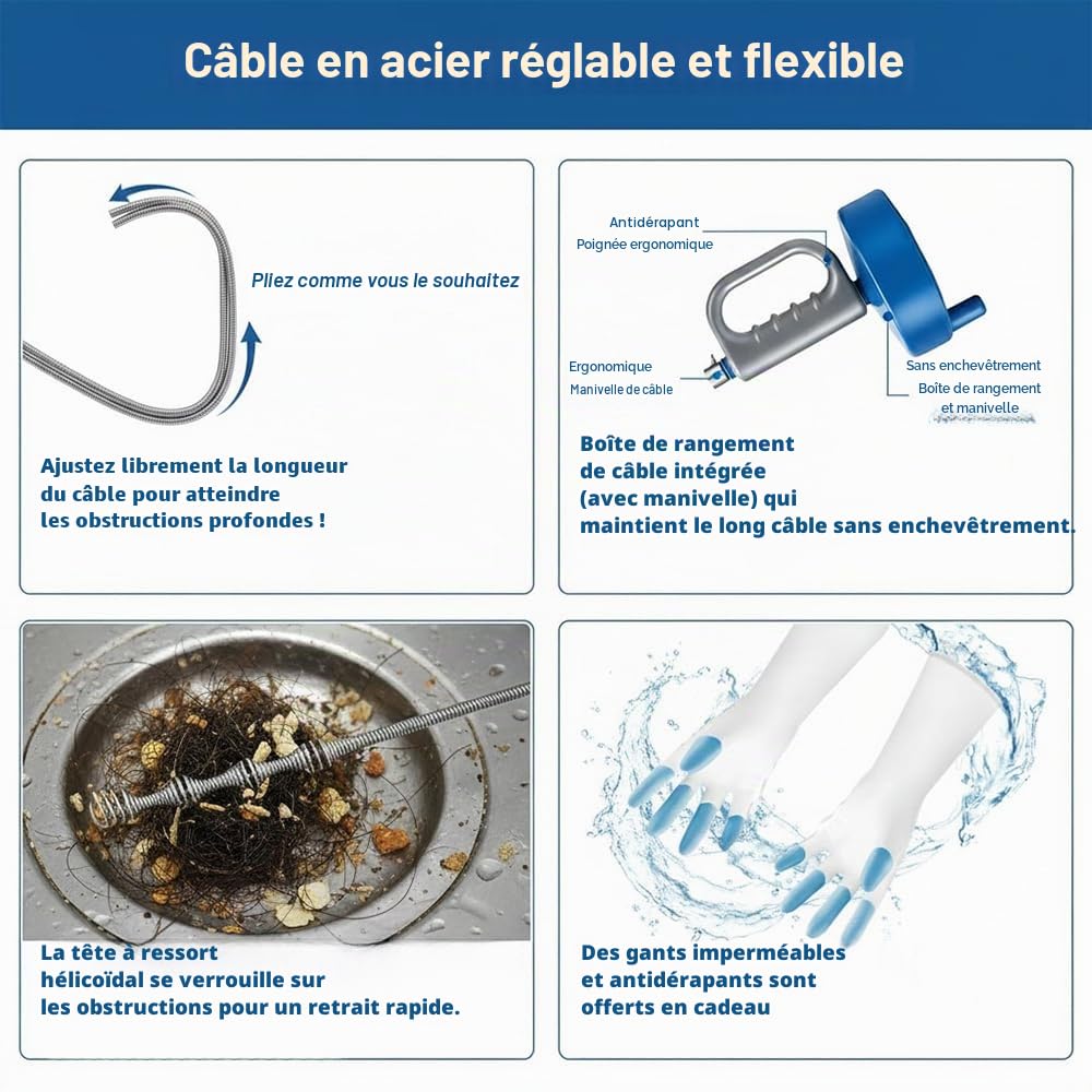 Furet Déboucheur Canalisation 10m Deboucheur Extensible Spirale de Nettoyage de Tuyaux avec Gants, Deboucheur WC, pour Salle Bain, Cuisine