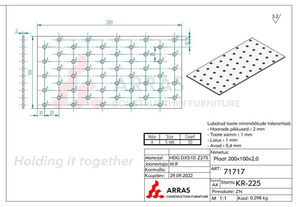 50 chapas perforadas galvanizadas, 100 x 200 x 2 mm, conector plano galvanizado, protección contra la oxidación mediante revestimiento de zinc, con certificado CE, ideal para construcción y