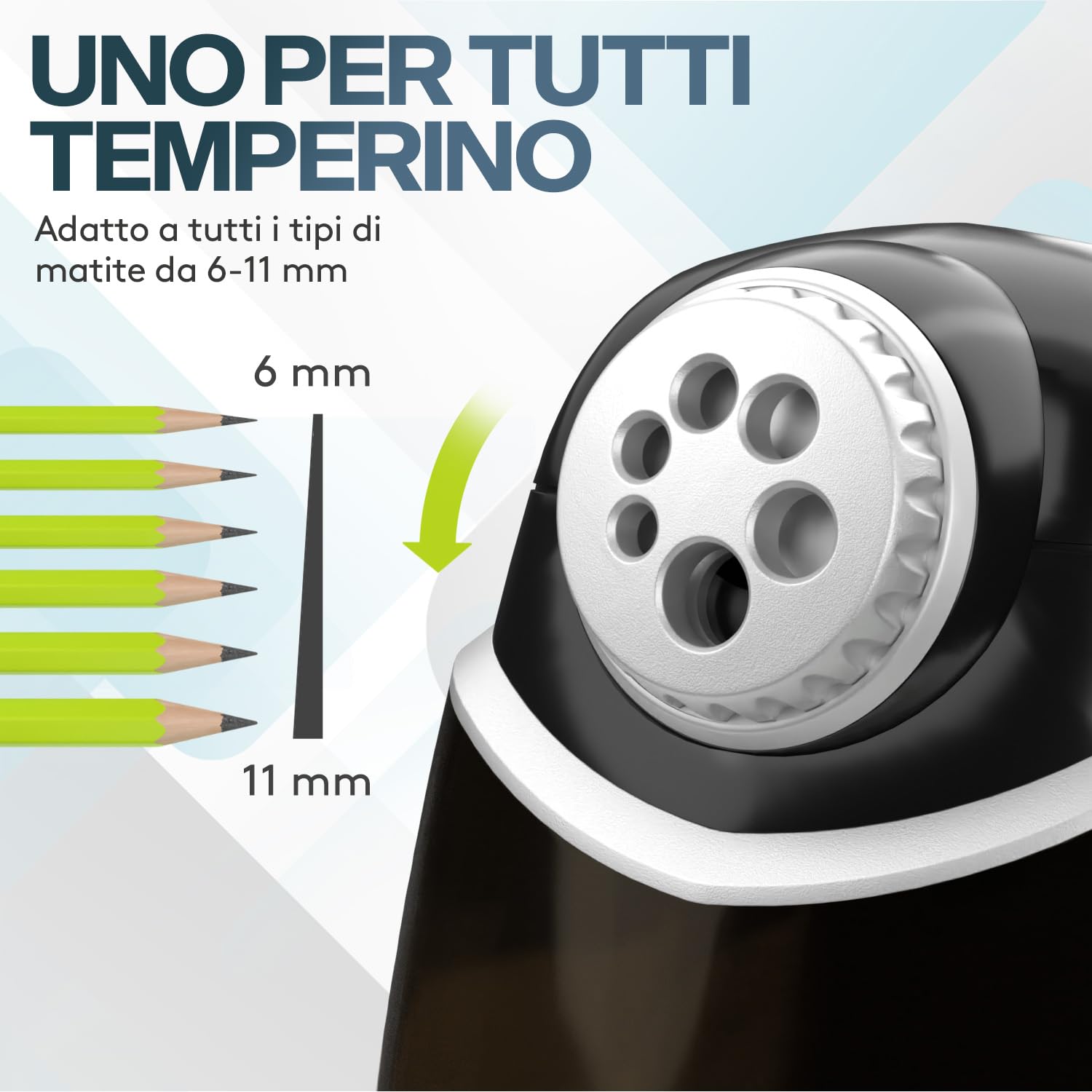 ACROPAQ Affilatoio elettrico - Affilatoio professionale, con contenitore, 6 fori per penne spesse e sottili - temperino con bomboletta - nero,41010