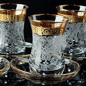 Vintage Turkish Tea Glasses Cups Saucers Set of 6 for Women Glassware Drinking Party Teapot Style Teacups Moroccan Persian Coffee Adults Fancy Decorative Tray Gold Drinkware (Decor1)