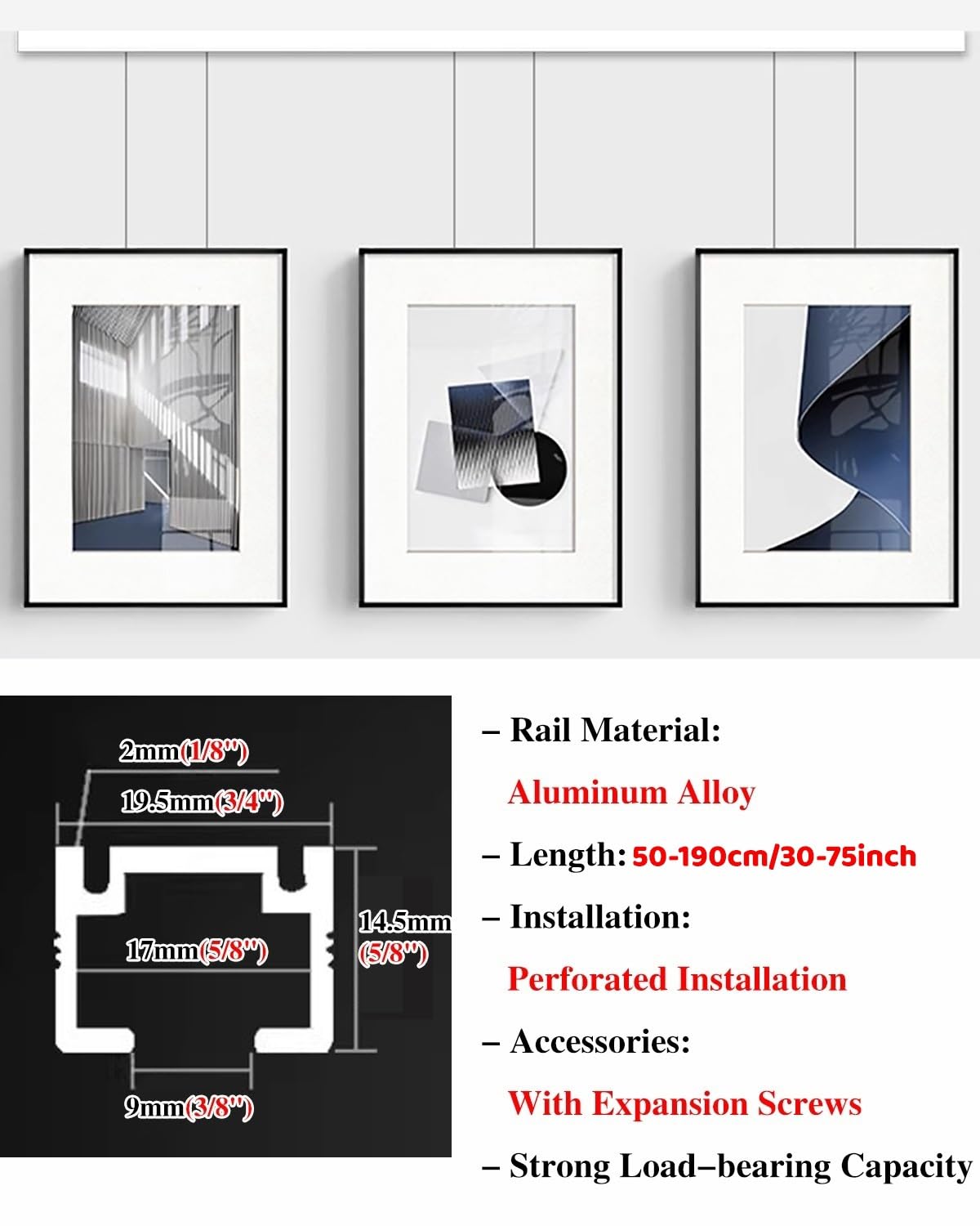 Colgar Cuadros Cables Largos de Acero con 4 Ganchos para Colgar Cuadros, Riel para Exhibir Obras de Arte con Cables Ajustables, Riel Decorativo Vertical para Galerías de Arte(Black,34"/86cm Track)