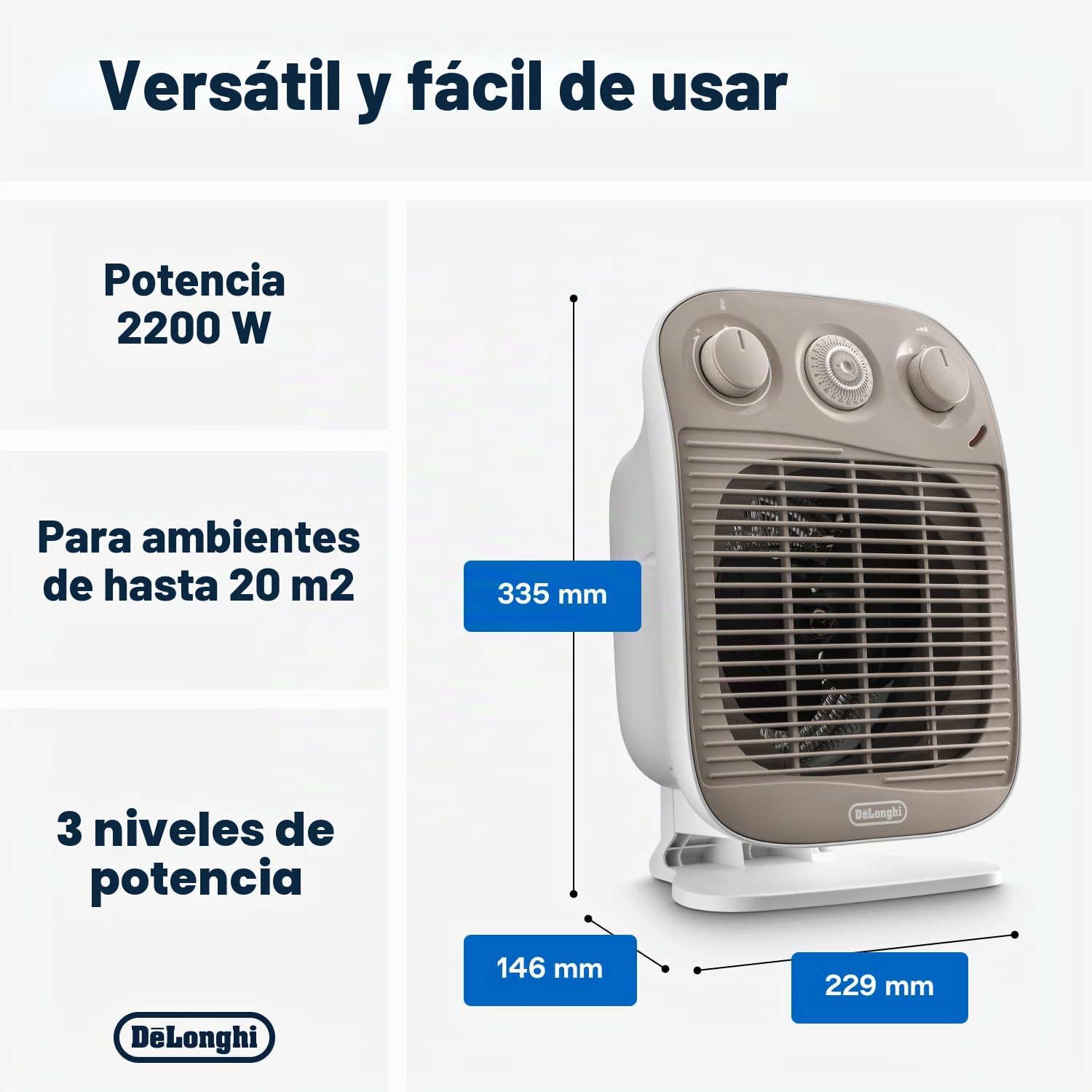 DeLonghi HFS50D22 - Calefactor (Calentador de ventilador, 24 h, IP21, Interior, Piso, Blanco)