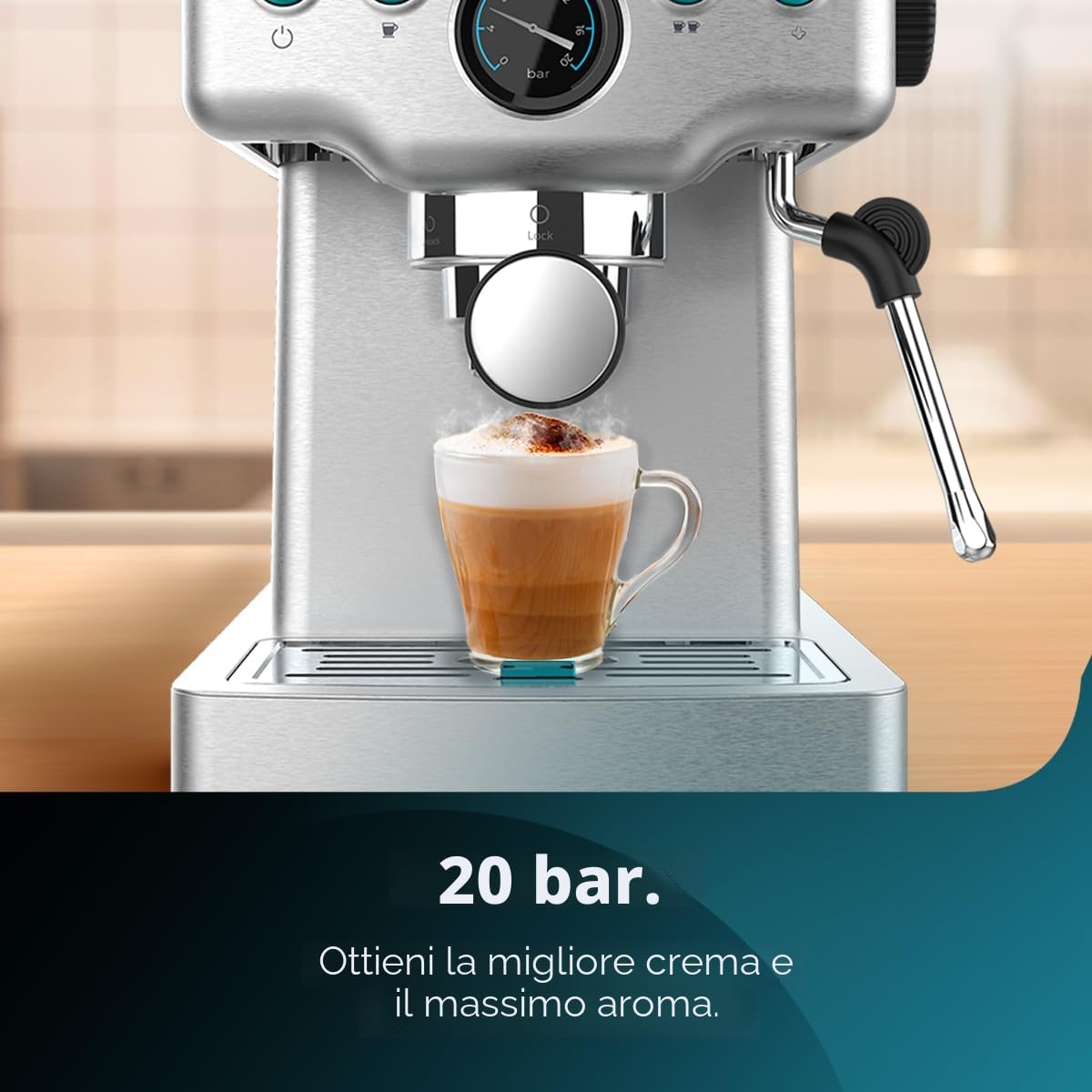 Cecotec Macchina da Caffè Express Barista Power Espresso 20 Barista Mini 1465 W, 20 bar, Manometro e ThermoblocK, Vaporizzatore Orientabile e Braccio con Doppia Uscita, 1,8 L di Capacità