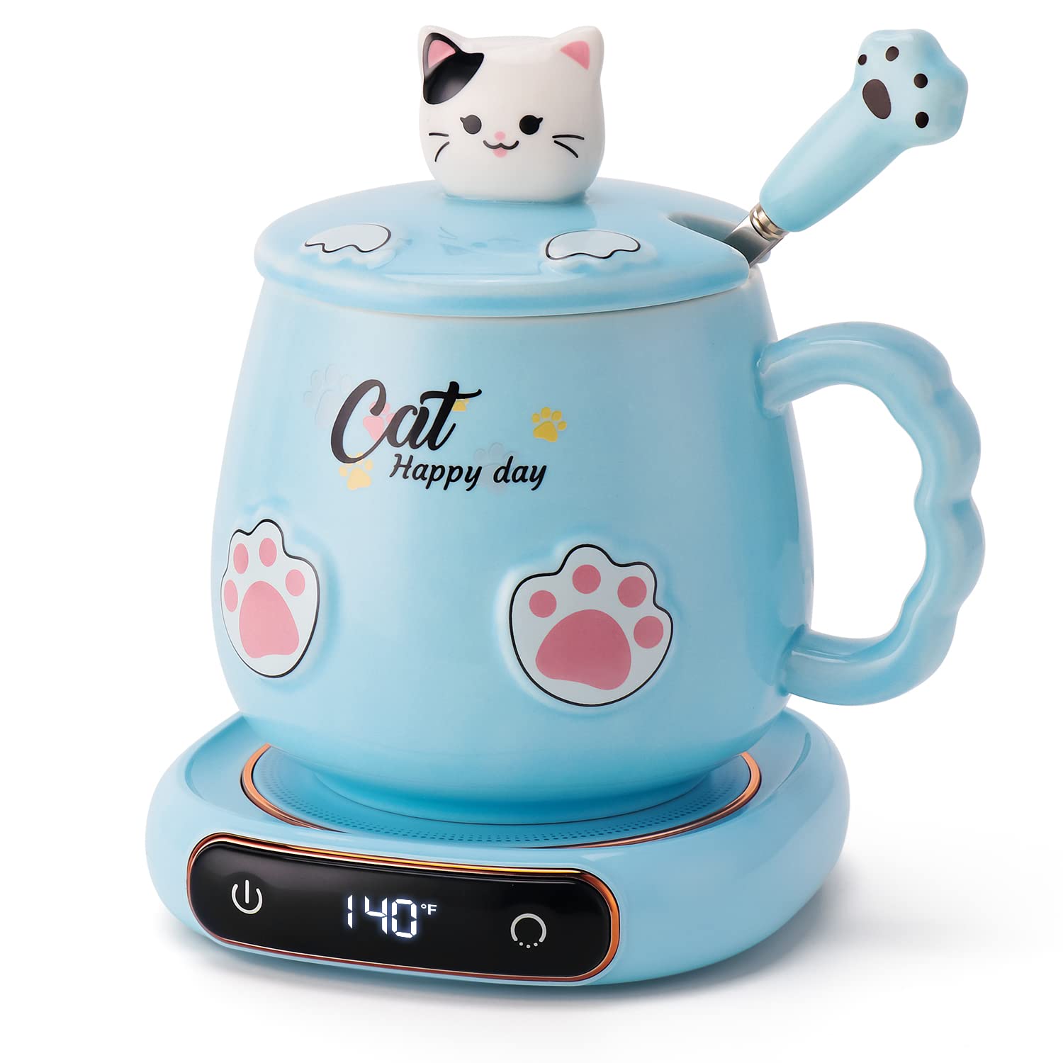 Photo 1 of Bgbg Coffee Mug Warmer & Cute Cat Mug Set, Beverage Cup Warmer for Desk Home Office with Three Temperature Up to 140?/ 60?, Coffee Warmer for Cocoa Milk Tea Water Candle, 8 Hours Auto Shut Off Blue
