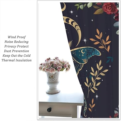 Miniatura 5 de Cortinas con temática de polilla de luna y estrellas, hermosas rosas rojas, luna de noche, jardín, hojas verdes, polilla, bohemia, gótica, para
