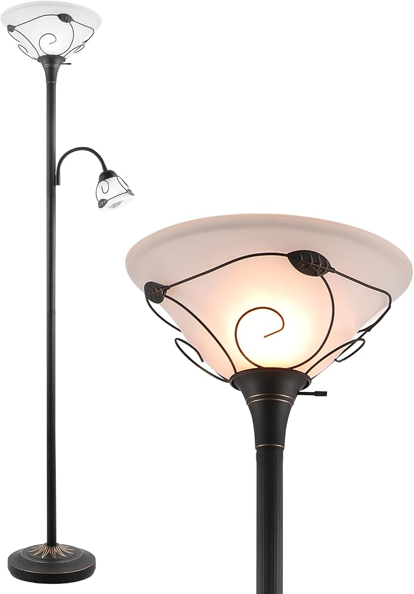 VONLUCE Torchiere Floor Lamp with Side Reading Light, 3-Way Switch Combo Antique Bronze Mother Daughter Floor Lamp with Glass Shade, 71" Desk Floor Lamp for Living Room Corner Bedroom Home Office | 3-Way Switch Floor Lamp with Frosted Glass Shade for Home Office, Living Room, Corner, Bedroom, Antique Bronze