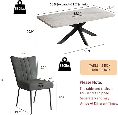 Miniatura 4 de ZckyCine Juego de mesa de comedor extensible de 6 piezas, moderna mesa de madera gris de 51 a 67 pulgadas con 6 sillas de tela negra, mesa de 1 mesa