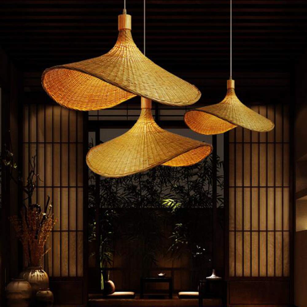 Lampada A Sospensione Bambù Paralume in Vimini Intrecciata Rattan Stile Naturale Creativo Lampadario A Forma Di Cappello E27 Lampadas Per Camera Da Letto Sala Da Pranzo Soggiorno Cucina,60cm