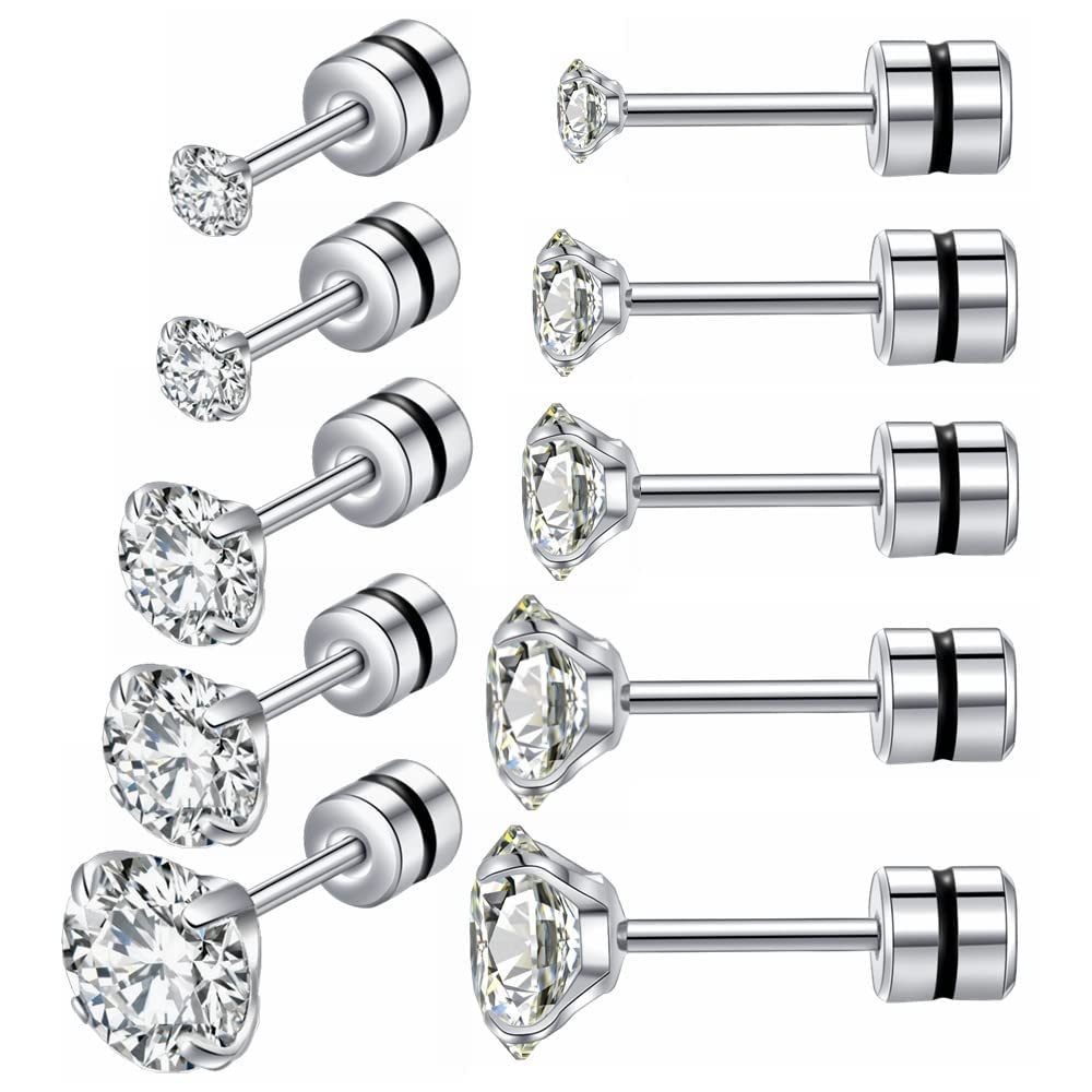 5 pairs Stainless Steel Round CZ Screw Back Earrings Hypoallergenic Flat Back Studs for Sensitive Ears, 20G Cartilage Piercing Ears Set Jewelry for Women Men 2-6mm