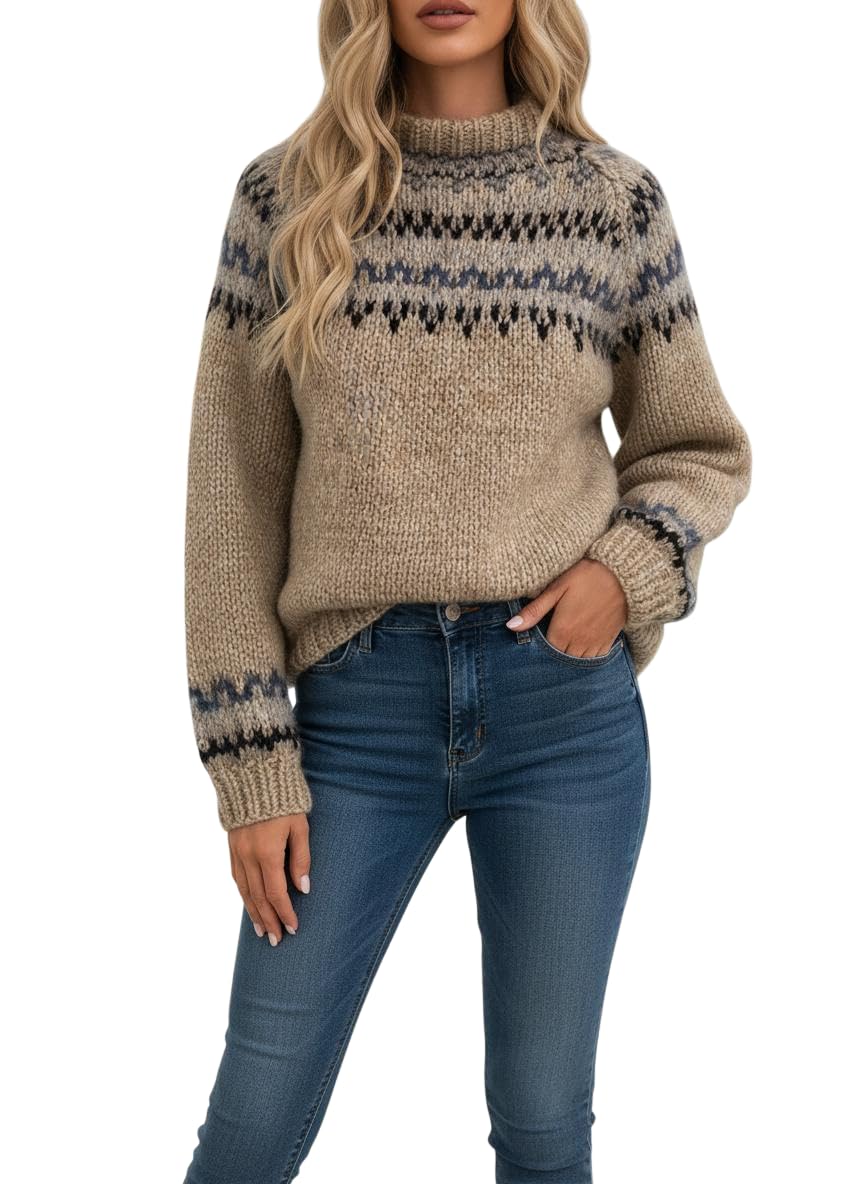 Womens Retro Fair Isle Knitted Pullover Sweater Vintage Long Sleeve Crew Neck Oversized Jumper Top for Fall Winter