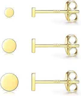 Sterling Silver Stud Earrings for Women Men Girls, 3 Pairs Tiny Flat Dot Earrings Set | Small Round Disc Stud Earrings Dainty Cartilage Tragus Circle Triangle Earrings(Silver/Gold/Rose Gold)