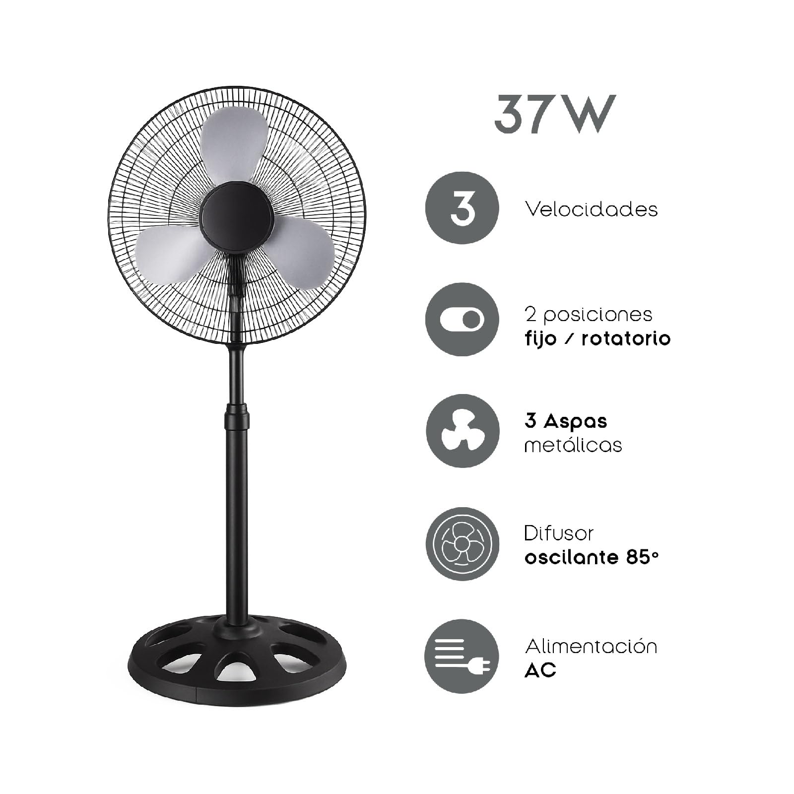 TIENDA EURASIA – Ventilador de Pie | Negro y Plateado | 3 Aspas | 37W | Metal y Polipropileno PP | Ø 34cm | 80 cm Alto | 3 Velocidades | Voltaje Máximo 240V